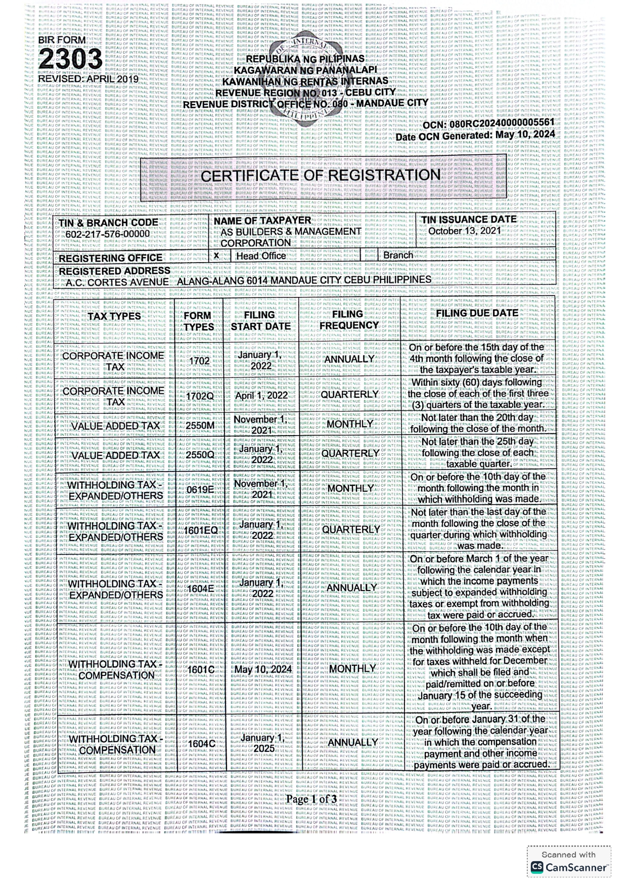 AS Builders BIR Certificate of Registration — Bureau of Internal Revenue Philippines