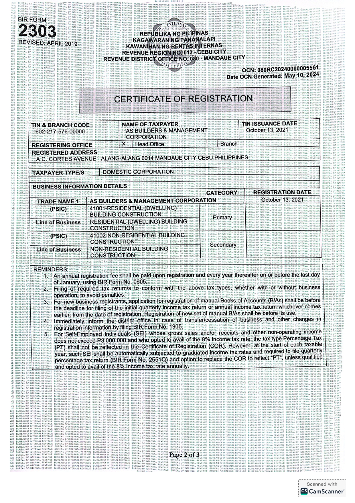 AS Builders BIR Annual Registration Certificate — Bureau of Internal Revenue