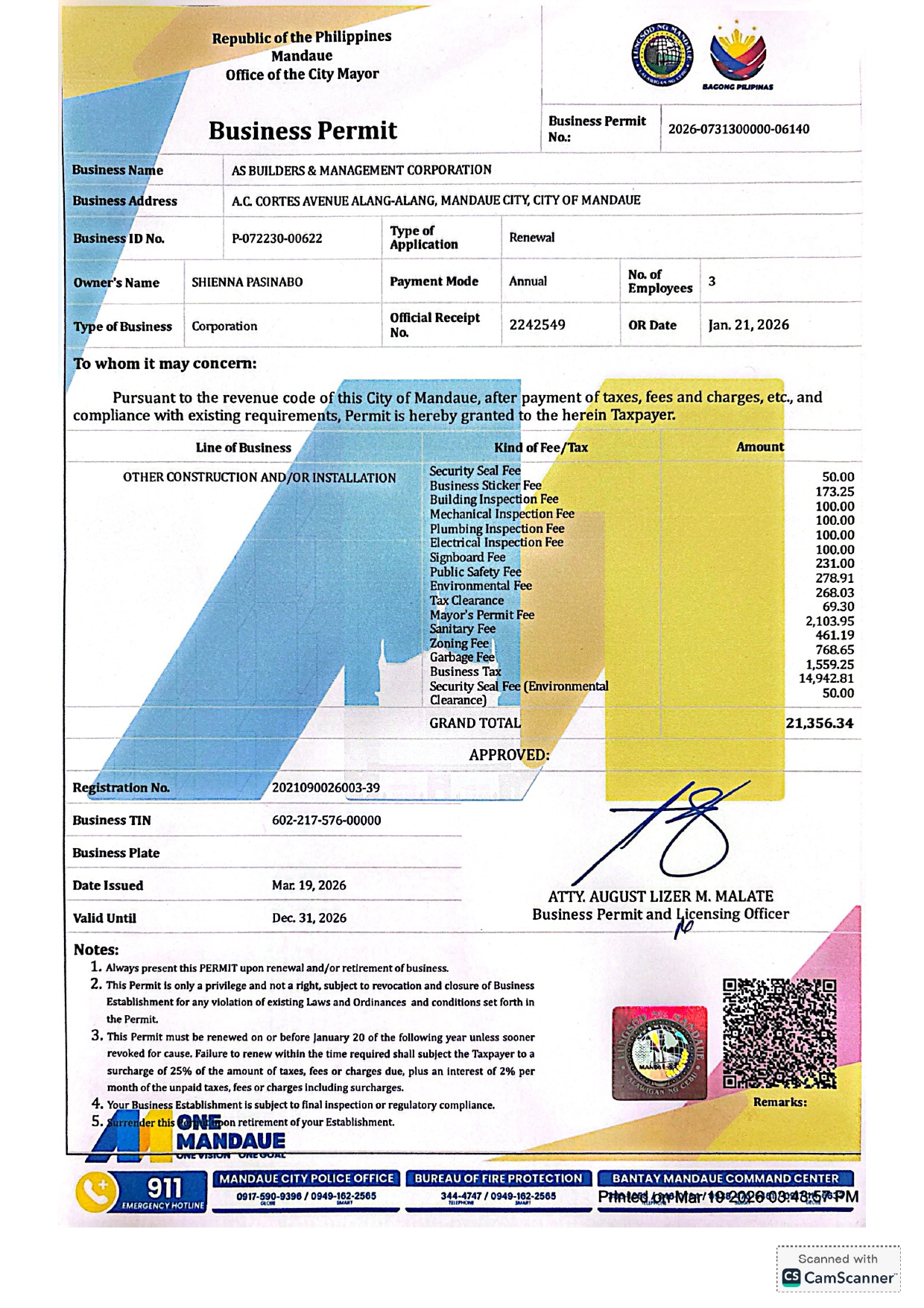 AS Builders Business Permit — City of Mandaue, Cebu, Philippines