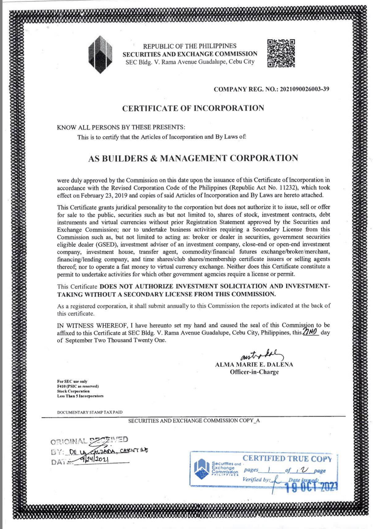 AS Builders Management & Corporation — SEC Certificate of Incorporation, Philippines